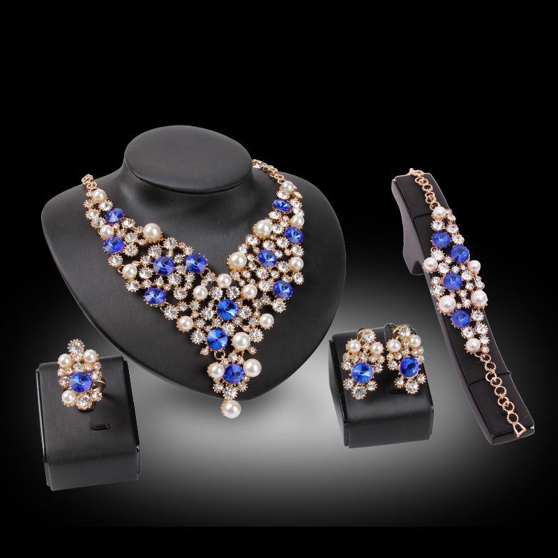 Necklaces Earrings Bracelets Rings Jewelry Sets Fashion Imitation Pearl & Rhinestone 18K Gold Plated Flowers Party Jewelry 4-Piece Set JS154