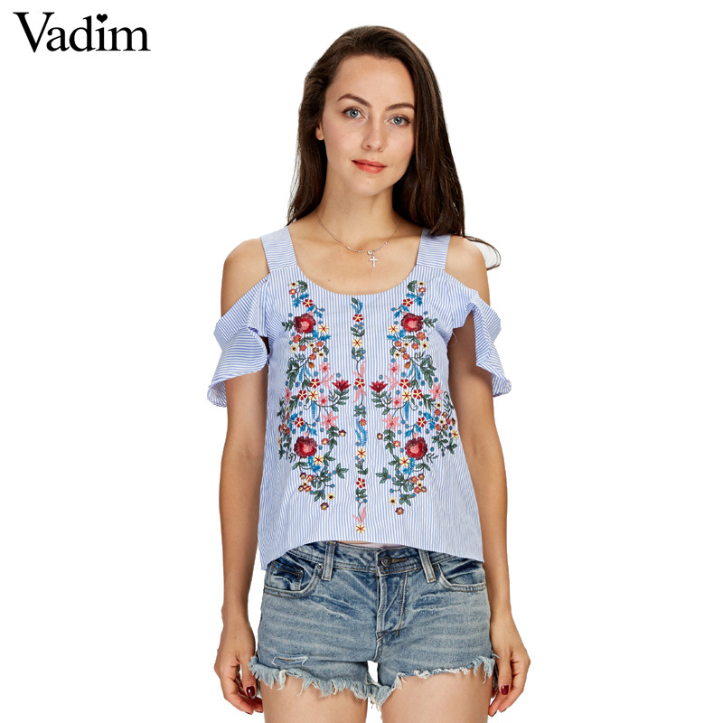 

Wholesale- Vadim off shouder floral embroidery striped shirts sweet ruffles short sleeve blouse ladies casual brand tops blusas DT1103, As picture-1