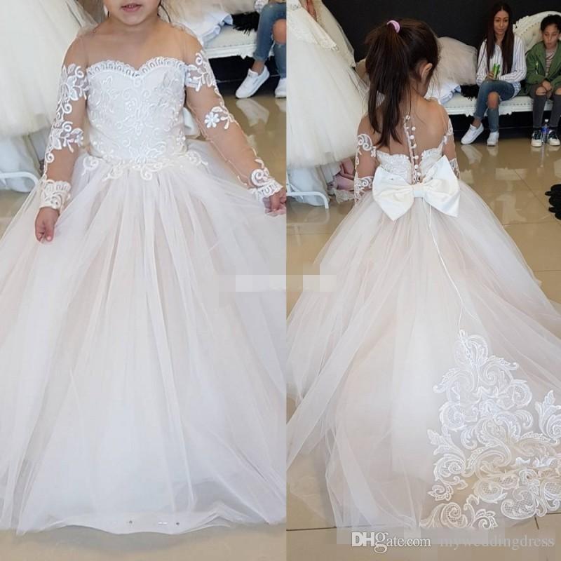 

Sweety Long Sleeve Sweep Train Princess Flower Girls Dresses Illusion Sweetheart Lace Appliques Tulle Tiered Skirts Pageant Ball Gowns, Yellow