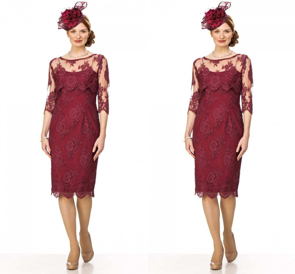 

2020 Burgundy Short Mother of the Bride Dresses Party Gown Long Sleeve Full Lace Knee Length Groom Formal Wedding Guest Dress