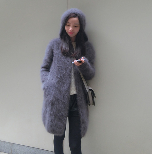 

Wholesale- Women's long plush mink cashmere sweater thick coat female with hooded cardigan free shipping M14, 27