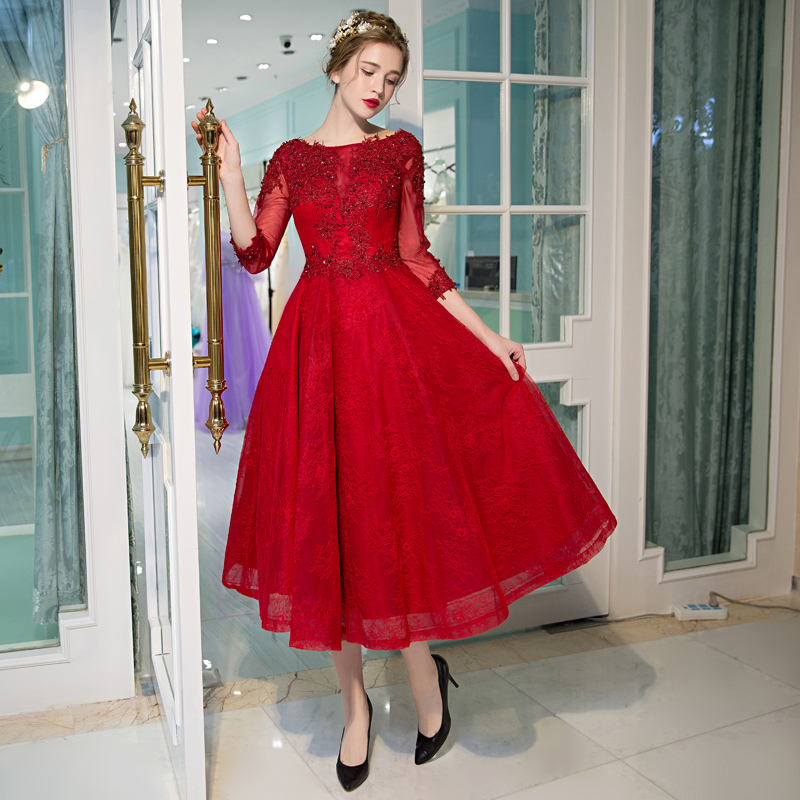 

Dark Red Lace Prom Dresses Backless tea Length Evening Gowns Formal Dresses 3/4 Long Sleeves Applique with Beads Sequins, Orange