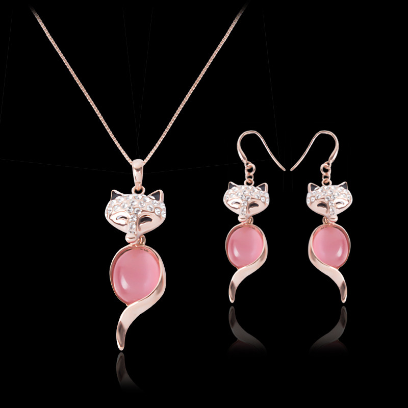 Necklace Earrings Jewelry Set Fashion Exquisite Luxury High Grade Rhinestone & Opal 18K Gold Plated Fox Party Jewelry 2-Piece Set JS245