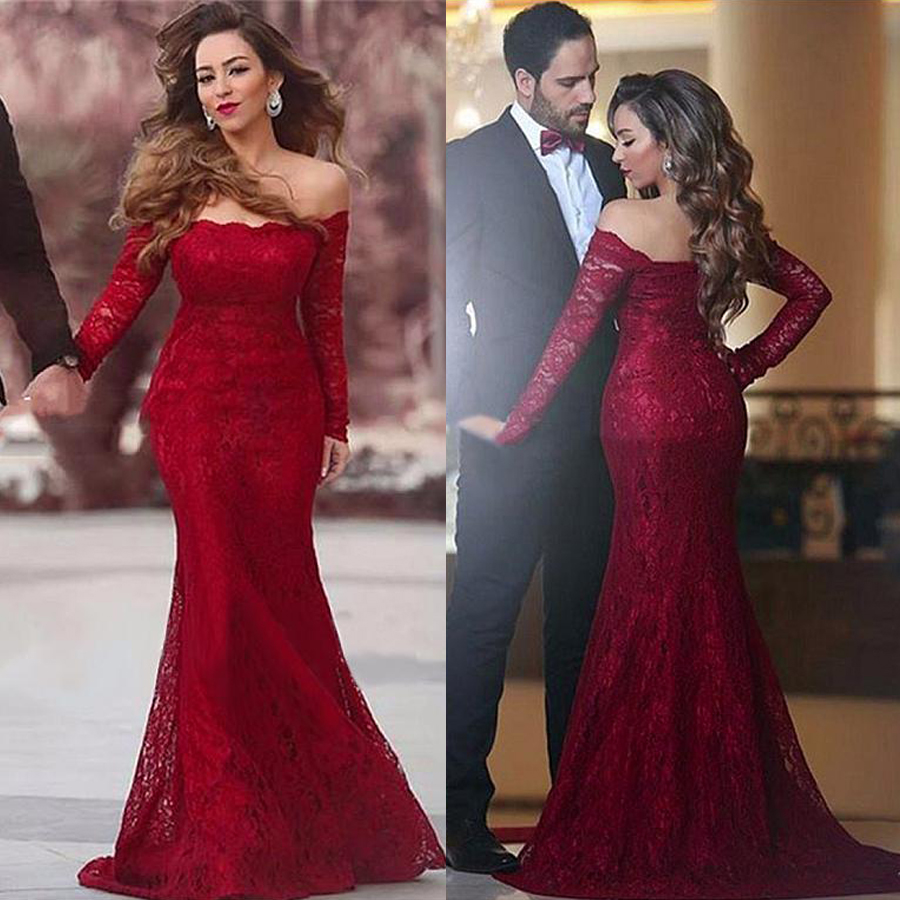 

Wonderful Lace Off-the-shoulder Neckline Mermaid Formal Dresses Long Sleeves Evening Dress Red Lace Prom Dress special occasion dresses, Gold
