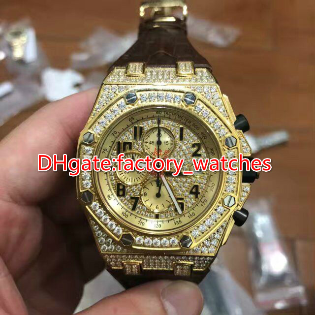 

Gold face diamonds watch gold case 44mm men luxury Brown leather strap quartz design full iced out high quality watches