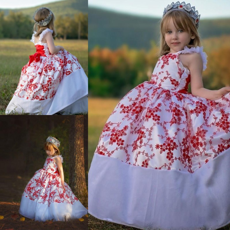 

Red And White Ball Gown Flower Girl Dresses Spaghetti Straps Lace Up Back Puffy Girls Pageant Gowns Floor Length Child Formal Party Dress, Black