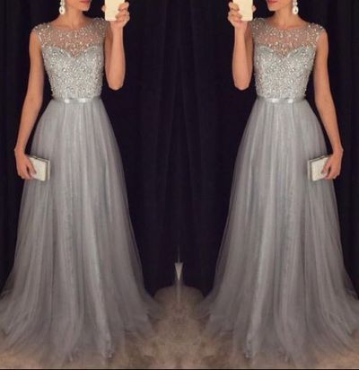 

Modest Prom Dress Long Unique Beading Ribbon Sash Grey Dress For Teens 2019 Plus Size Tulle Evening Formal Party Gowns, Dark navy