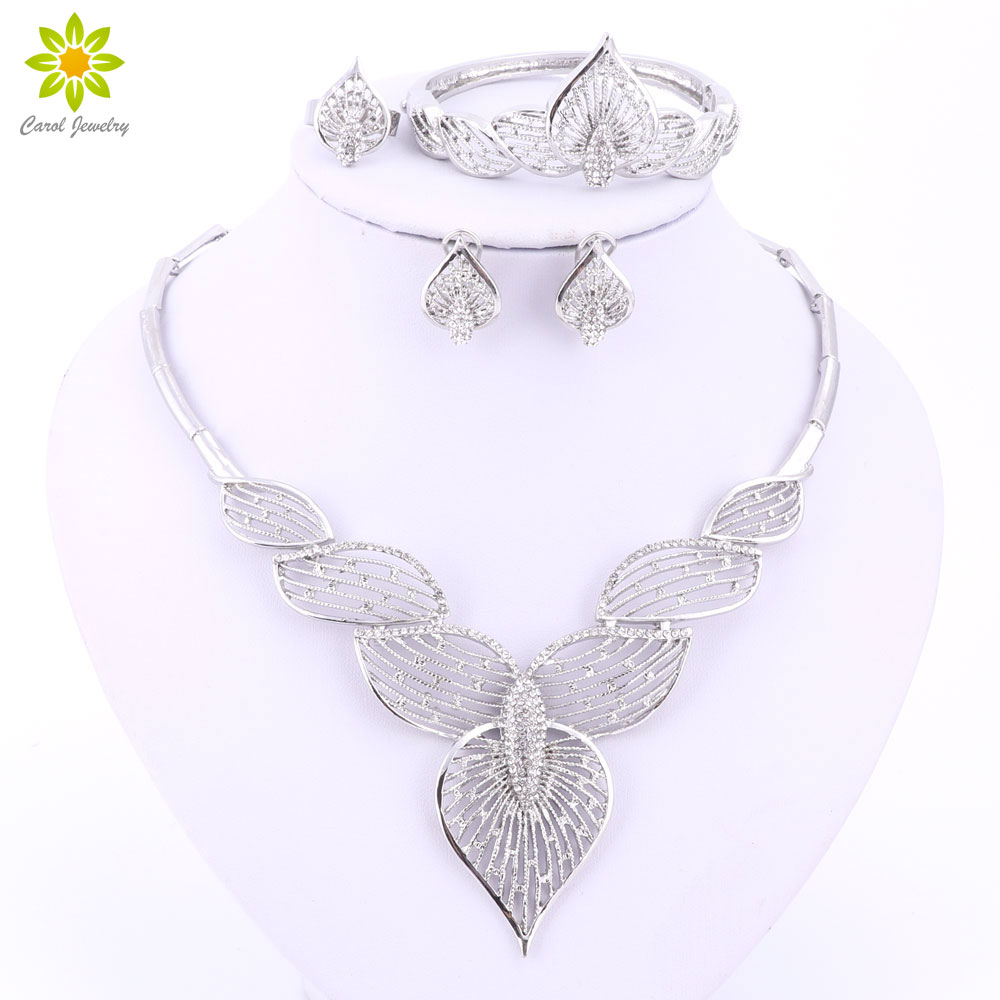 

Silver Plated African Crystal Necklace Earrings Jewelry Set Wedding Party Costume Necklace Bracelet Earrings Ring Sets