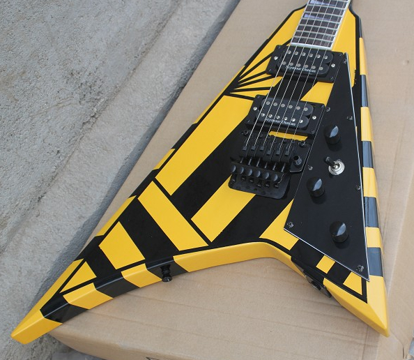 

Custom Shop Michael Sweet Flying V Stryper Signature Black Yellow Stripe Electric Guitar Floyd Rose Tremolo Black Hardware