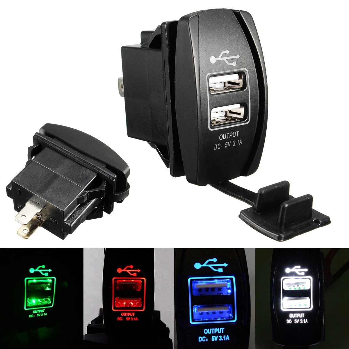 RZR Truck Auto Boat 2-Port USB Charge Panel Illuminated White LED Rocker Switch