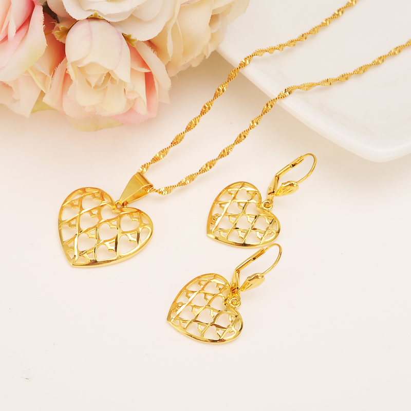

NEW HOT Romantic Heart Pendant Necklace chain Earrings sets Jewelry 14 k Real Fine Gold GF Filled Bead Necklaces Sets Women, Golden