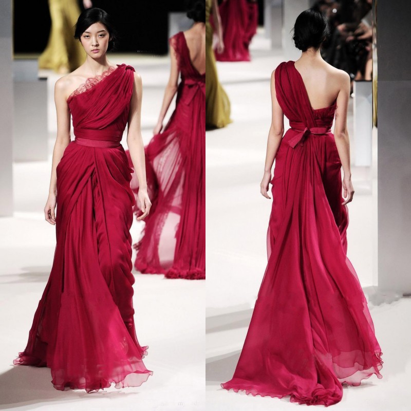 

Modest 2016 Dark Red Chiffon Elie Saab Long Evening Dresses Cheap One Shoulder Lace Ruched Sash Formal Red Carpet Dress Custom Made EN9098, Silver
