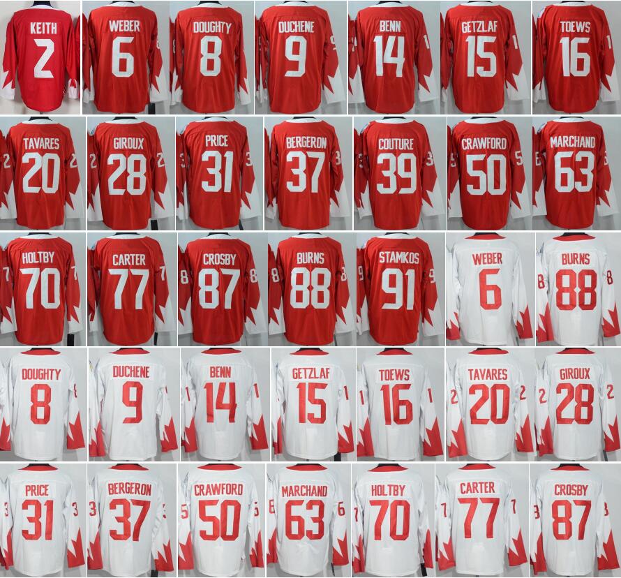 

2016 World Cup Hockey Jerseys WCH 16 Jonathan Toews 31 Carey Price 63 Brad Marchand 8 Drew Doughty 70 Braden Holtby 19 Joe Thornton 6 Weber, Red;tell us which player