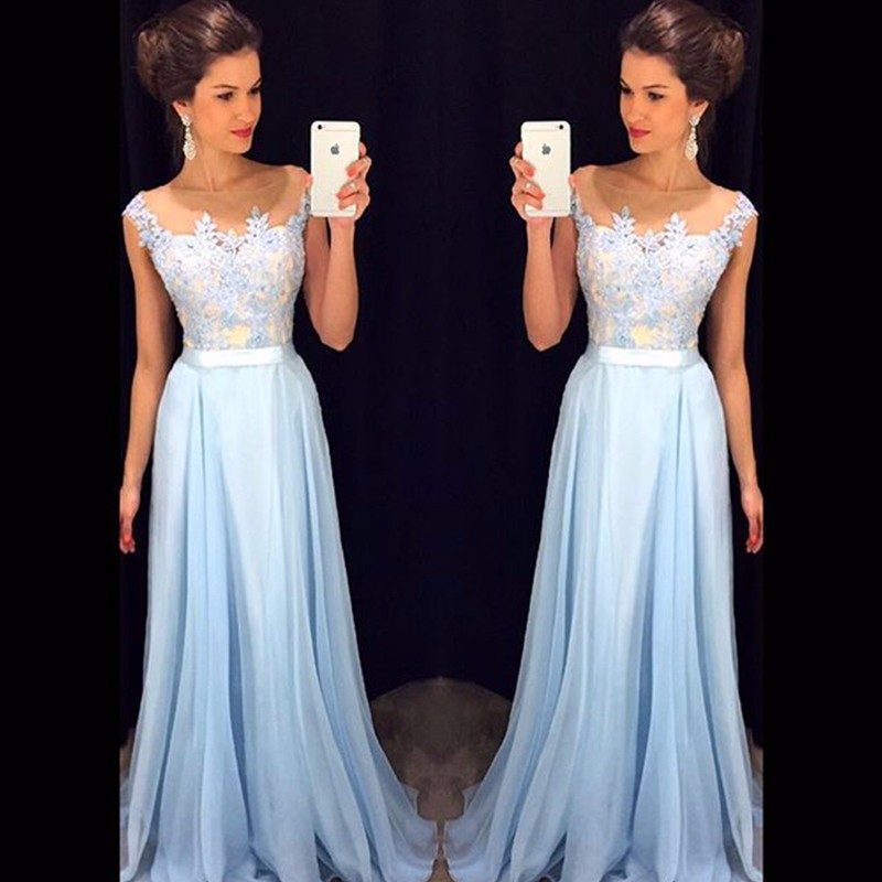 

Top Blue Lace Appliques Long Prom Dresses Scoop Neck Floor Length Chiffon Evening Party Dress Party Elegant Formal Dress, Pink