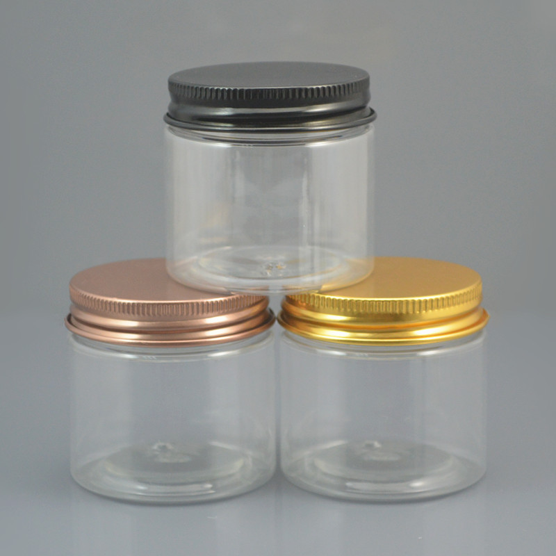 

30pc/lot 200ml Refillable Clear Plastic Cosmetic Jar Serum Bottle Gold Black Bronze Aluminum Lid 7oz Cream Container Factory Wholesale