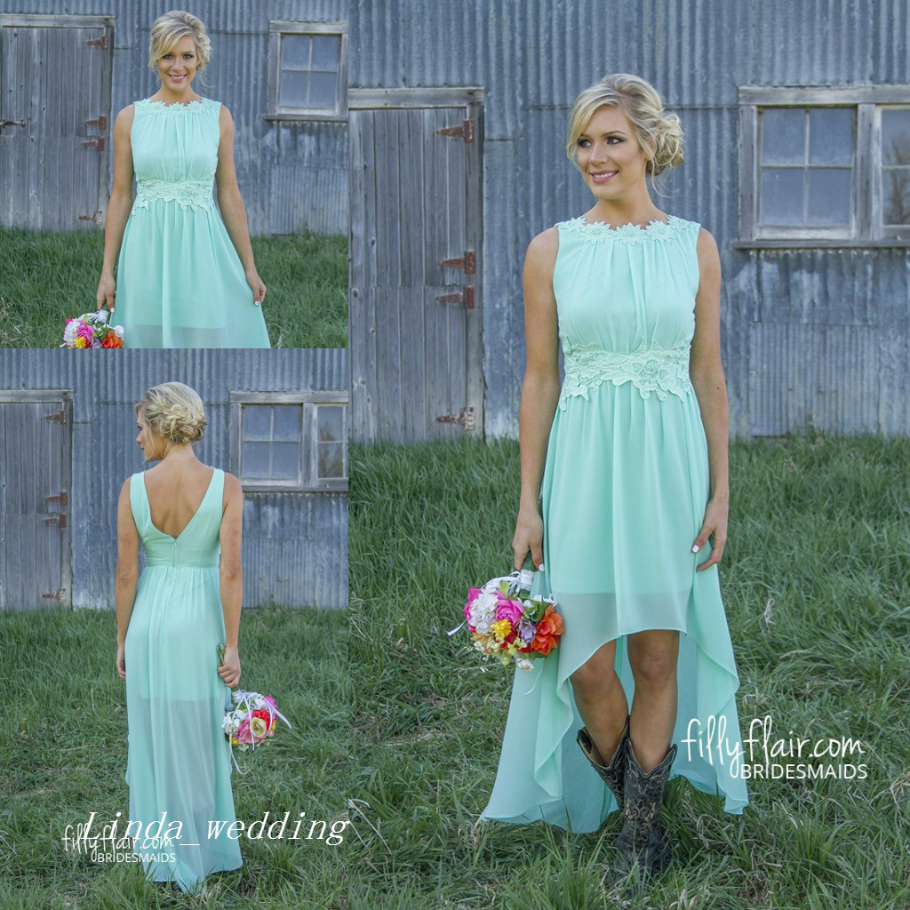 

Romance High-Low Bridesmaid Dress New Mint Green Colour Chiffon Zipper Maid of Honor Wedding Party Gown
