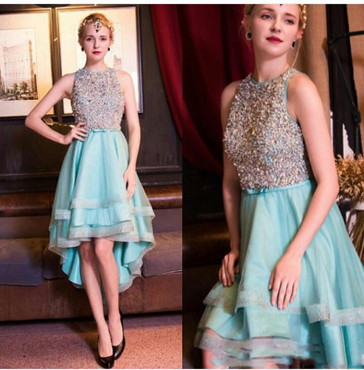 

2017 Short Homecoming Dresses Sparkly Beaded Sleeveless Fashion High Low Tiered Skirts Prom Party Cocktail Dresses Evening Dresses, White