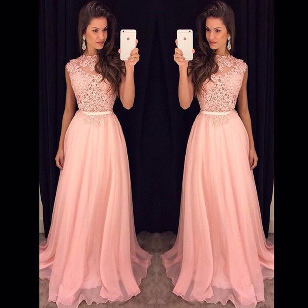 

2020 New Cheap Pink A Line Prom Dresses Illusion Lace Appliques Chiffon Sashes Floor Length Custom Evening Dress Party Pageant Formal Gowns, Daffodil