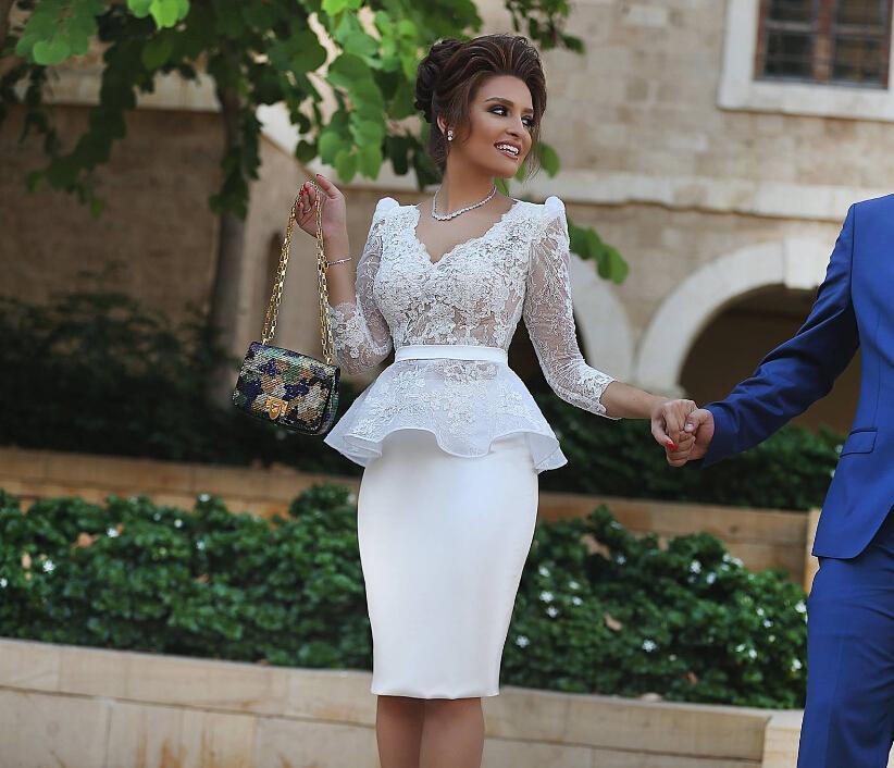 

2017 New White Long Sleeves V Neck Knee Length Short Prom Dresses Peplum Sheath Lace Party Dress 2016 Formal Homecoming Gowns Cocktail Gowns, Dark navy