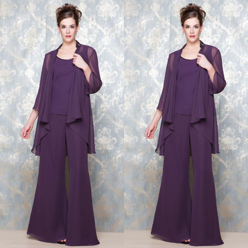 

New Arrival Purple Mother Of Bride Pant Suits Sceep Neck Cheap Wedding Guest Dress With Long Sleeves Jacket Chiffon Mothers Dresses