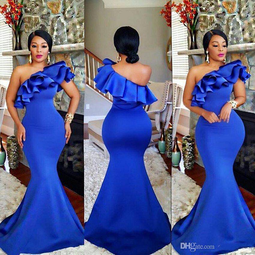 Latest African Royal Blue Prom Dresses Satin Ruffles One Shoulder Mermaid Formal Pageant Gowns For Black Girl Party Dress 2020 Plus Size