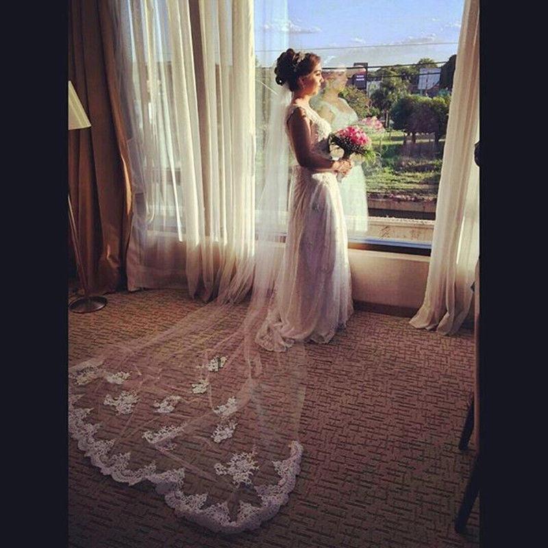 

New Simple High Quality Lace Applique Edge With Comb Lvory White Wedding Veil Chapel Bridal Veils