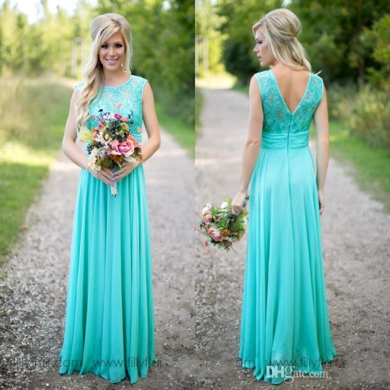 

Turquoise Long Country Bridesmaid Dresses Scoop Neckline Chiffon Floor Length Lace V Backless Long Maid Of Honor Bridesmaid Dresses