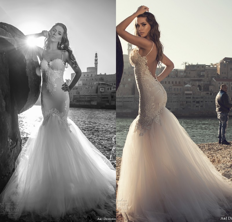 

Vestidos De Noiva 2018 Stunning Mermaid Wedding Dresses Sexy Spaghetti Straps Backless Lace Wedding Dress Beach, Silver