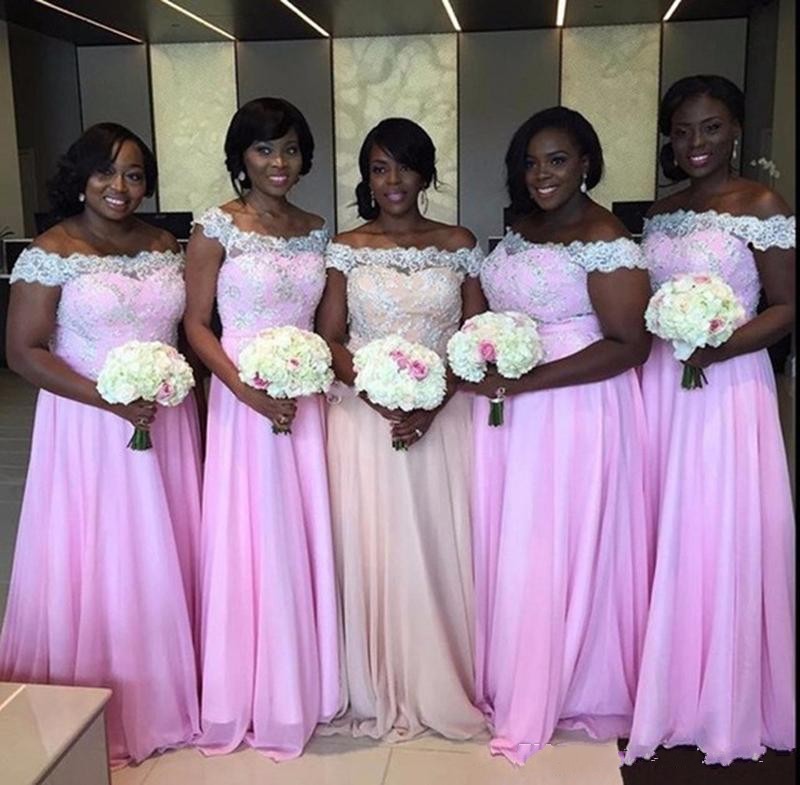 

African Plus Size Off Shoulder Bridesmaid Dresses Lace Applique Chiffon A Line Maid Of Honor Gowns Wedding Guest Formal Party Dresses Cheap