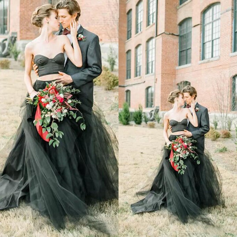 

Latest 2017 Gothic Black Tulle And Satin Two Pieces Wedding Dresses Sexy Sweetheart Ruched Long Bridal Gowns Custom Made EN8302, Ivory