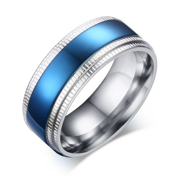 

8MM High Polished Stainless Steel Comfort-Fit Ring with Blue Plated Center and Milgrain Edges US Size 8-11