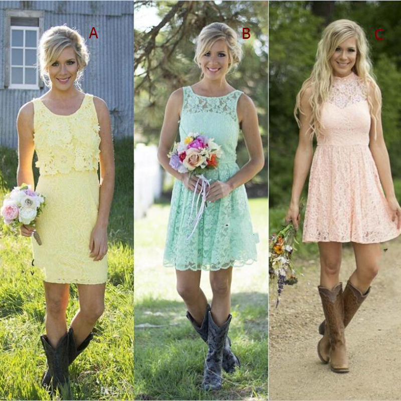 

Vintage Country Style Short Lace Bridesmaid Dresses Yellow Blue Blush Pink Beach Garden Cheap High Quality Wedding Party Gowns