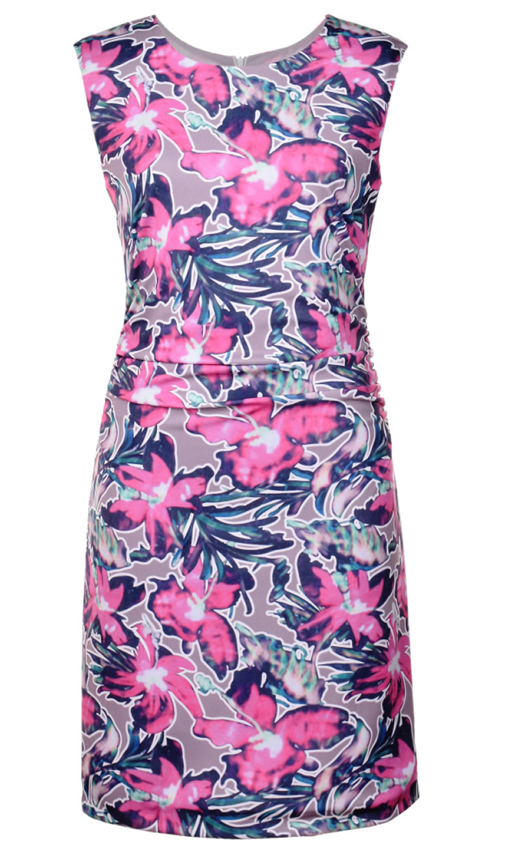 

Flower Print Women Sheath Dress Round Neck Sleeveless Dresses 0718192, As pictures
