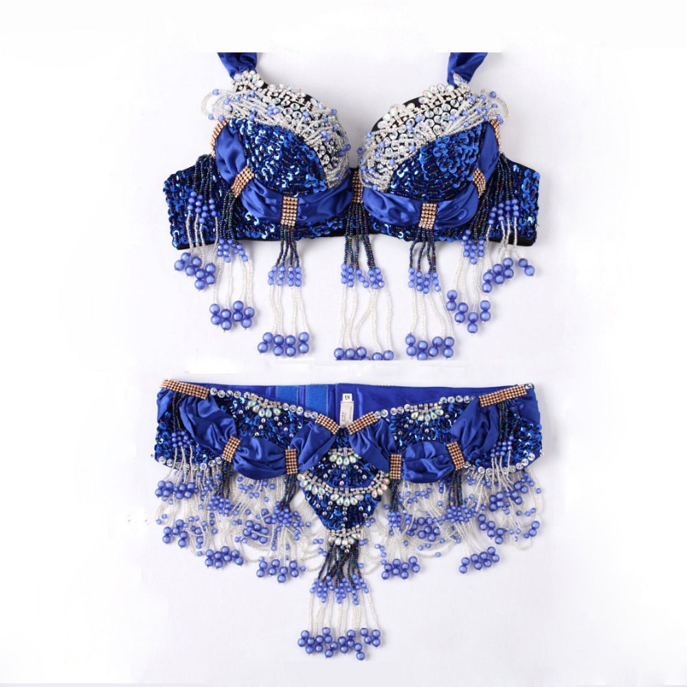 

Size S-XL Performance 11 Colors Women Dancewear Professional 2pcs Outfit Oriental Beads Costume Belly Dance Bra Belt, Turquoise 2pcs set