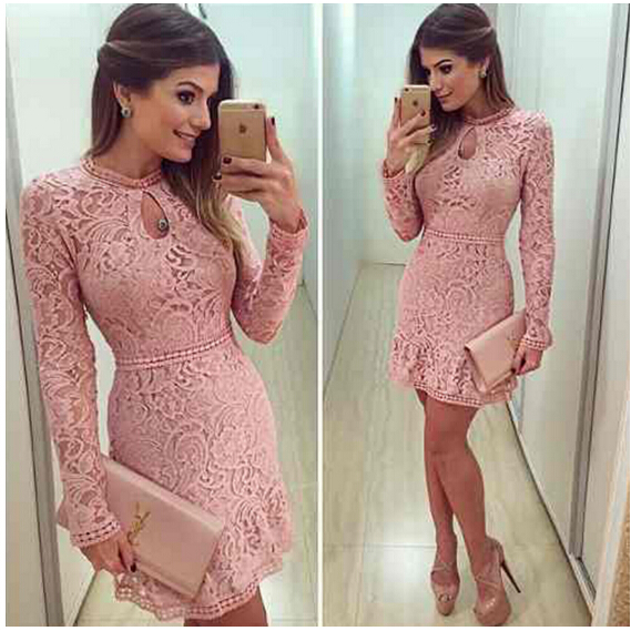 

Lace Long Sleeve Short High Neck Cocktail Dresses Party Sheath Prom Gowns Summer pearl chain solid gold country, Pink