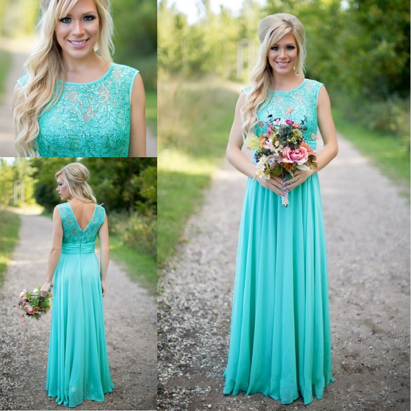 

2019 New Arrival Turquoise Bridesmaid Dresses Scoop Neckline Chiffon Floor Length Lace V Backless Long Bridesmaid Dresses for Wedding