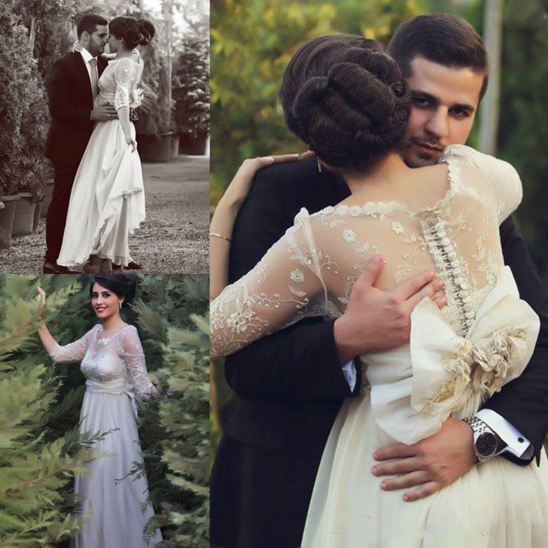 

Saudi Arabia Sheer Lace Appliques Wedding Dresses Illusion Long Sleeves Back Covered Buttons Bridal Gowns Chiffon Long Vestios De Marriage, Ivory
