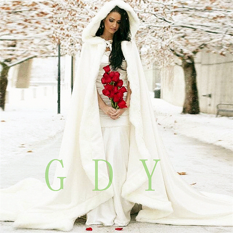 

Wedding Dresses Length Women White/Ivory Faux Fur Trim Winter Christmas Bridal Cape Stunning Wedding Cloaks Hooded Long Party Wraps Jacket, Beige