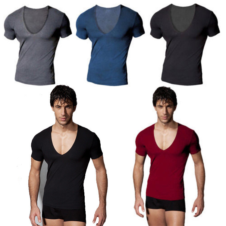 

Hot Men's Summer Deep V-neck Short Sleeve Tight-fitting Sports T-shirts For Men Sexy Black Active Running Slim Tops Tees Shirts, White;black