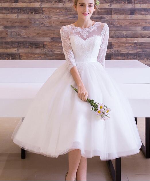 

sexy A-line wedding dress short lace tulle jewel 3/4 long sleeve cheap vintage wedding guest dress, Same as image