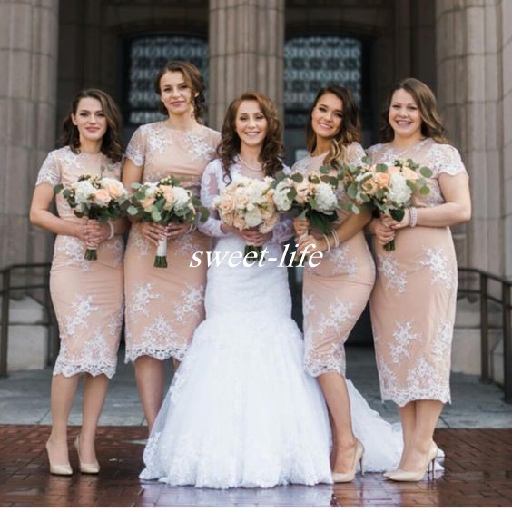Tea Length Plus Size Bridesmaid Dresses Sheath with Short Sleeve Blush Satin White Lace 2019 Cheap Women Party Cocktail Gowns Wedding Guest