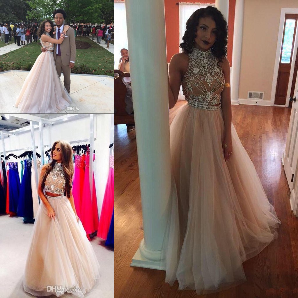 

2019 Sexy Two Pieces black girl Prom Dresses couples fashion High Neck Beaded Top nude Tulle Floor Length Formal Party Dresses Evening Gowns, Orange