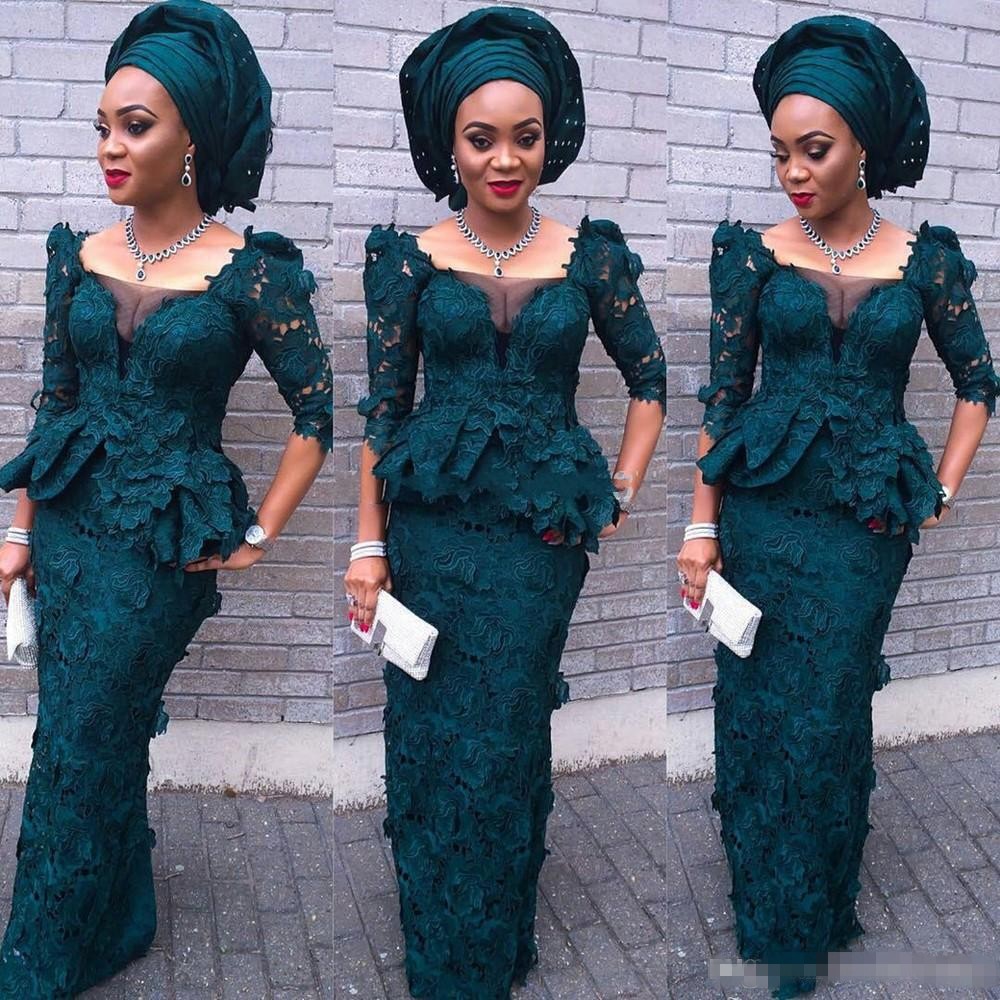 

2019 Fashion Green Evening Dress Square Neck Sheath Sexy Prom Dresses Newest Designs African Style Half Sleeve Lace Evening Gowns