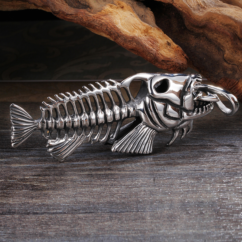 

New Arrival Style Large Biker 316L Stainless Steel Casting Silver Fish Bone Design Pendant Necklace For Men's Cool Holiday Gifts