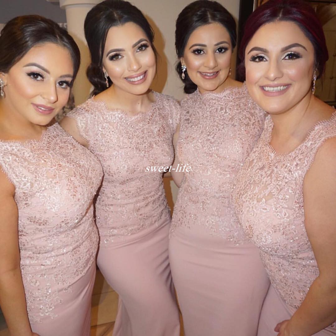 Vintage Pink Long Bridesmaid Dresses Mermaid Lace Sleeveless Satin 2020 Wedding Guest Formal Wear Evening Gowns Plus Size
