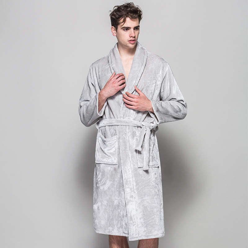 

Wholesale-2016 Soft Quality Flannel Robes Man Black Grey Home Cloth Winter Long Bath Robes For Men Plug Size Spa Bathrobes