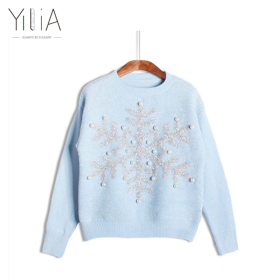 

Wholesale- Christmas Snowflake Sweaters 2016 New Winter Women Pullovers Cute Sequined Beading Pink White Blue Knitted Wear Ugly Long Sleeve, Beige