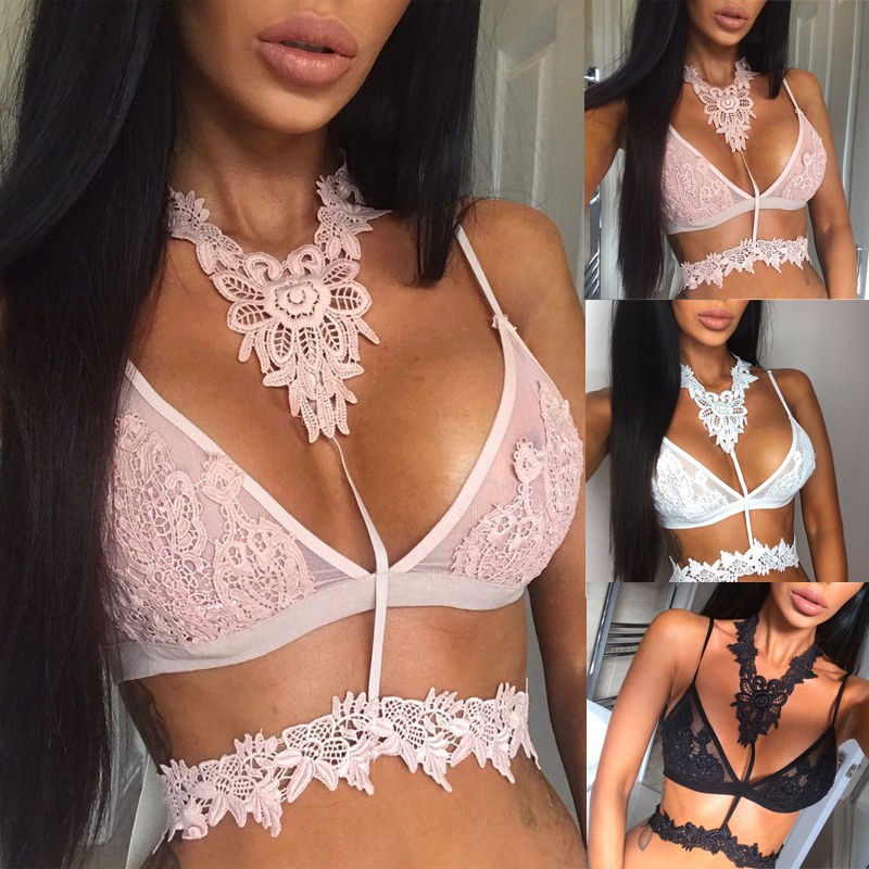 

New Fashion Sexy Womens Bras Women's Soft Floral Halter Lace Triangle Bralette Unpadded Bra Female Push Up Bralette Floral Bra, White