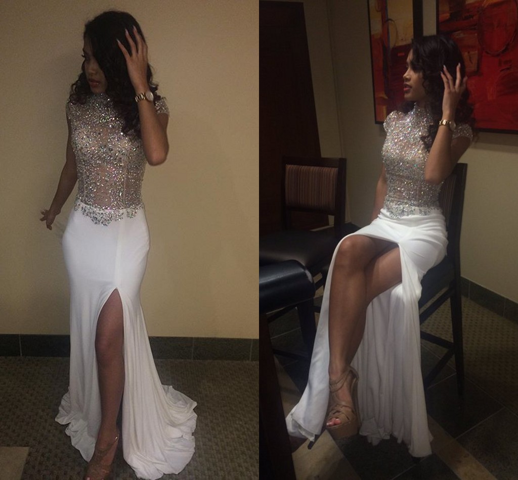 

Sexy White Split Prom Dresses High Neck Cap Sleeves Sequins Crystal Beaded Elastic Satin Custom Made Long 2K16 Evening Party Dresses, Dark navy