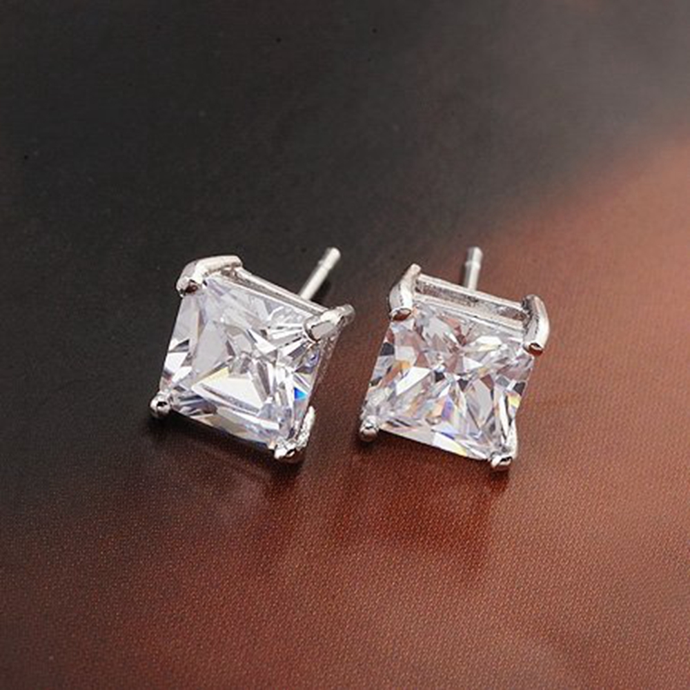 Square Cut Clear Earrings 18k White Gold Filled Womens Mens Sud Earrings-image-391494798